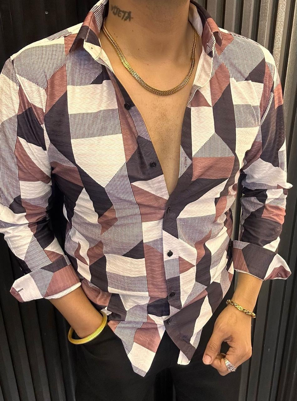 Men's Geometric Abstract Print Shirt - Long Sleeve Slim Fit Casual & Party