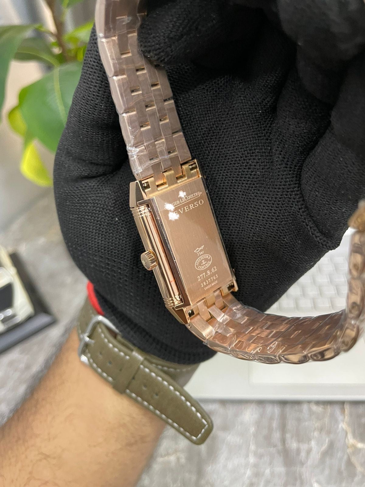 Men's Rose Gold Rectangular Watch - Red Textured Dial & Steel Bracelet