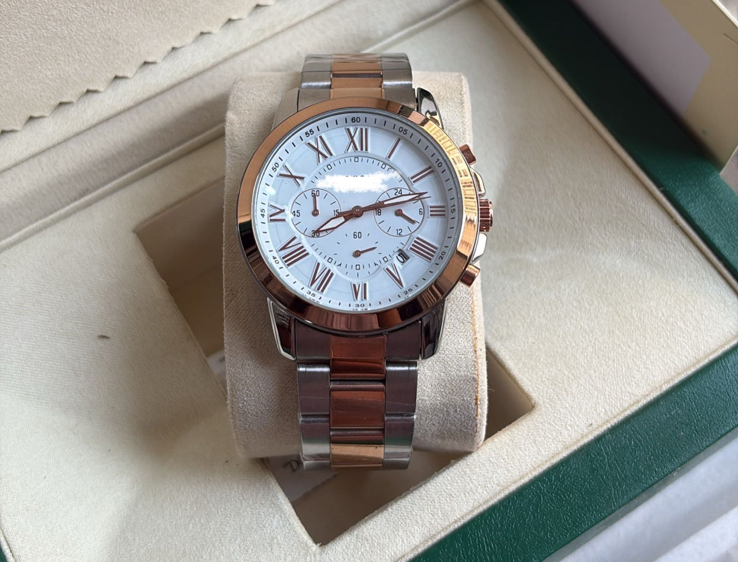 Elegant Rose Gold & Silver Watch | White Dial Chronograph | Classic Roman Design