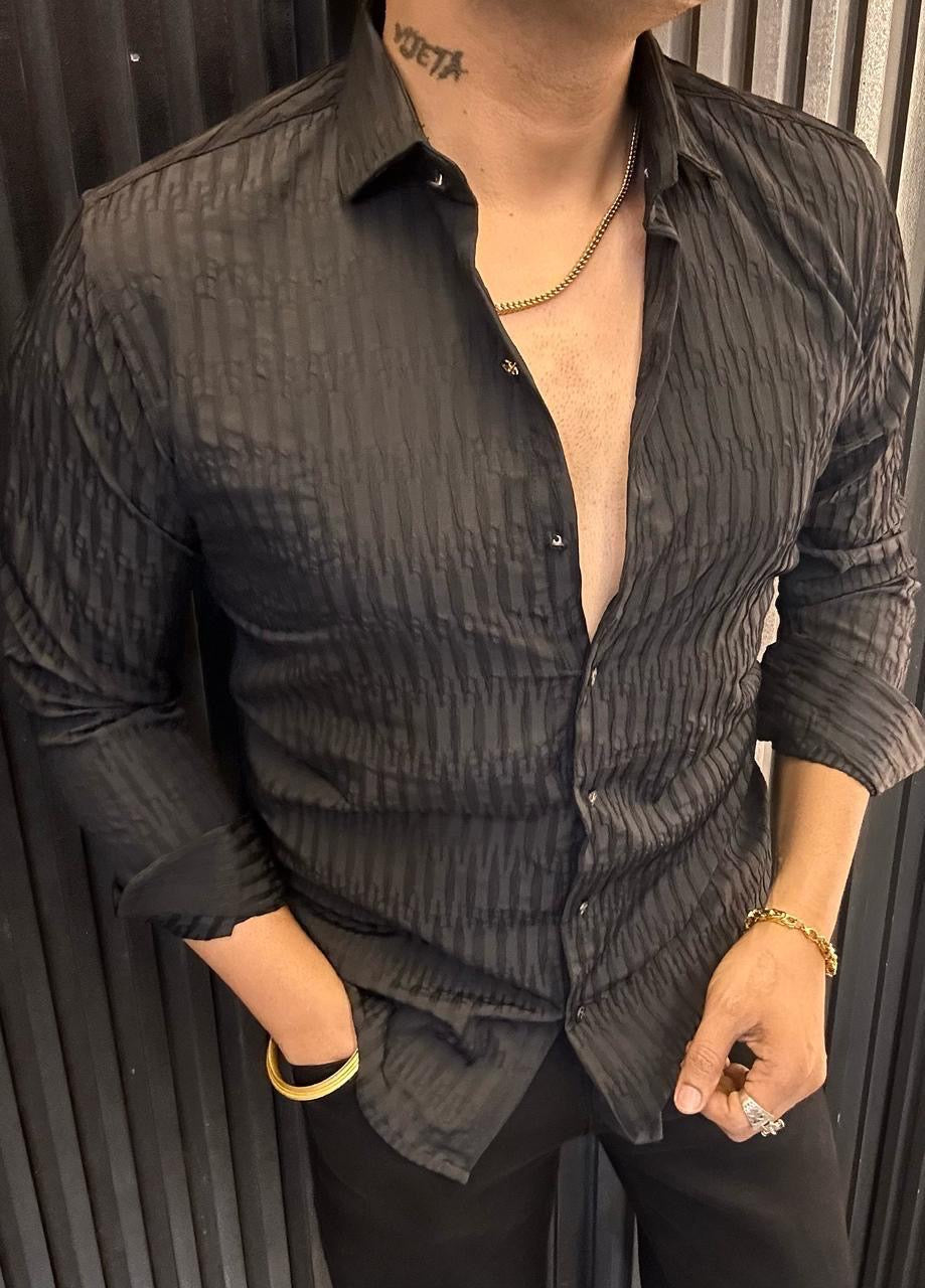 Men's Maroon Textured Long Sleeve Shirt - Slim Fit Casual & Party Wear