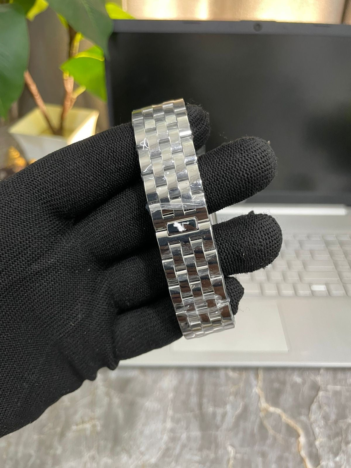 Men's Rose Gold Rectangular Watch - Red Textured Dial & Steel Bracelet