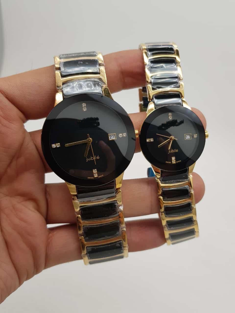Premium Jubile Style Couple Watches | Two-Tone Gold & Silver | Black Dial Minimalist Set