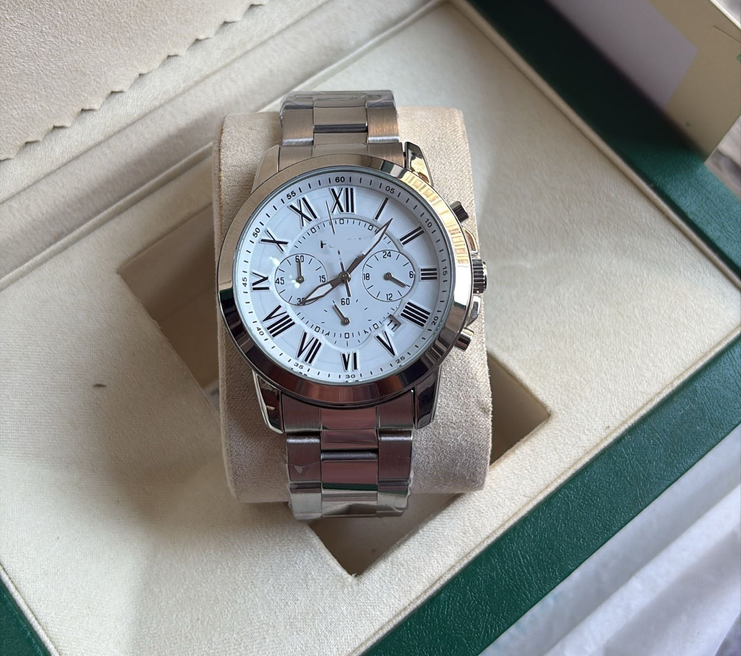 Elegant Rose Gold & Silver Watch | White Dial Chronograph | Classic Roman Design