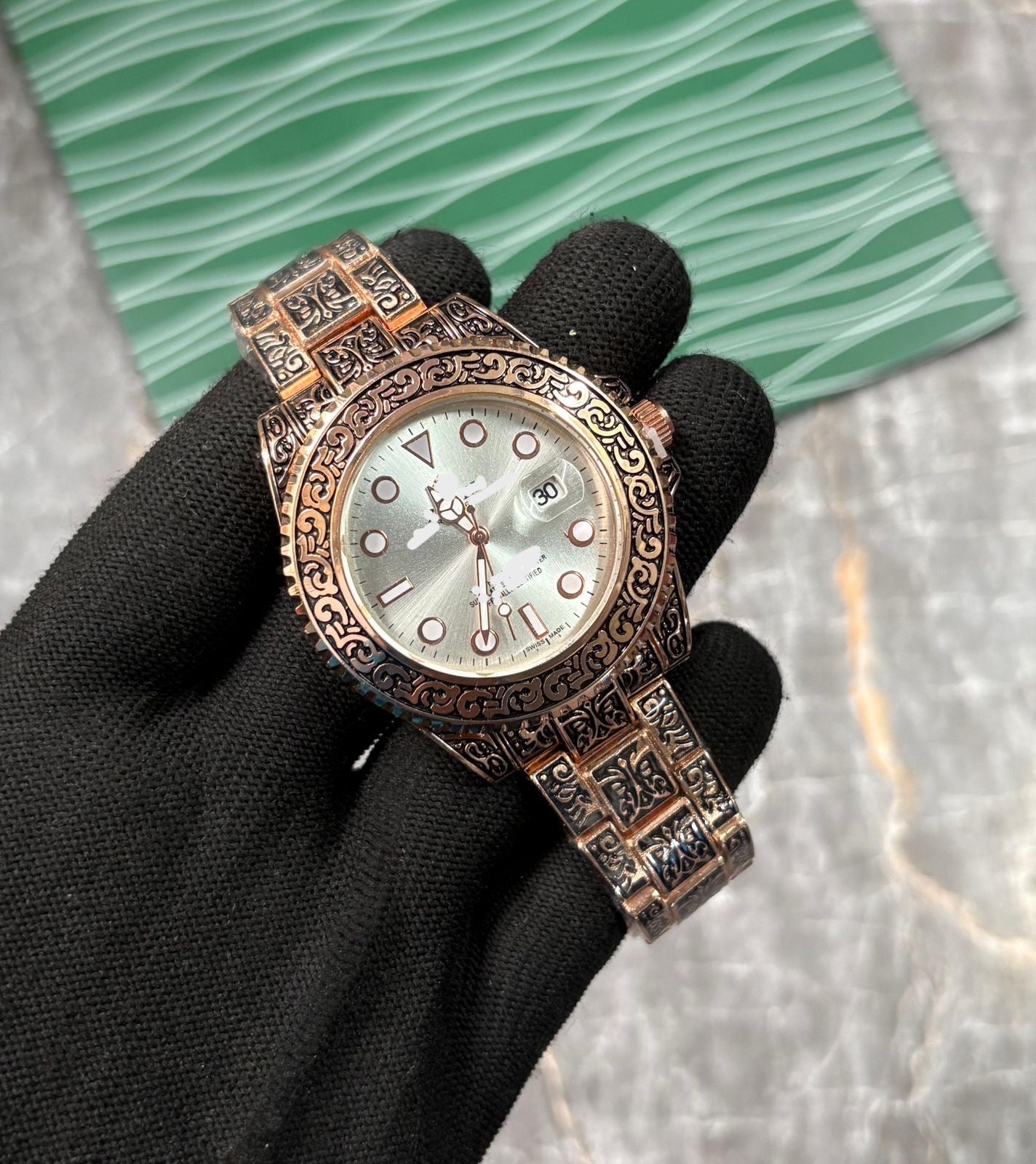 Ornate Engraving Automatic Men's Watch - Detailed Metal Bracelet Custom Edition