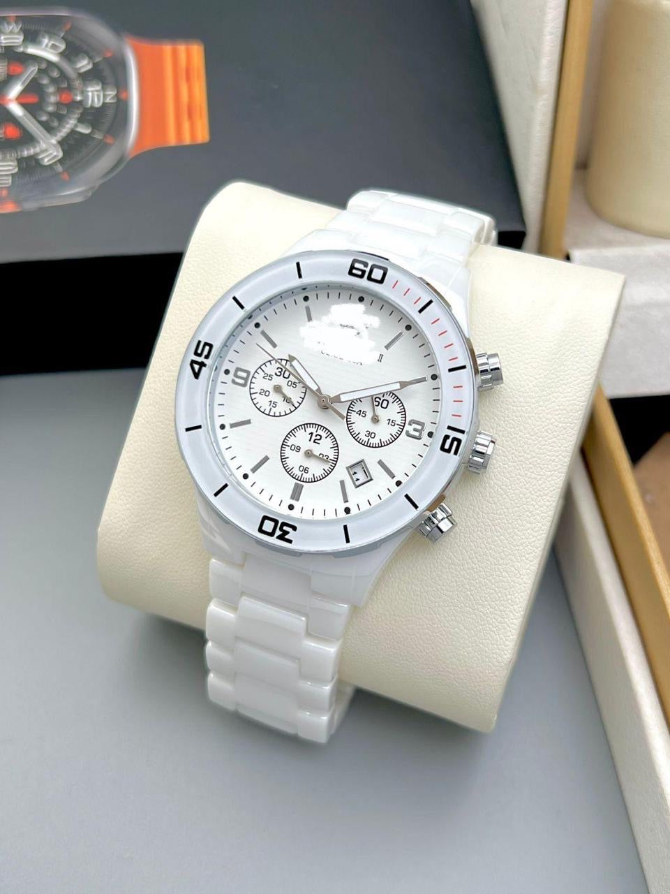 Pristine White Chronograph Watch | Rose Gold-Tone Accents | Unisex Roman Numeral Design