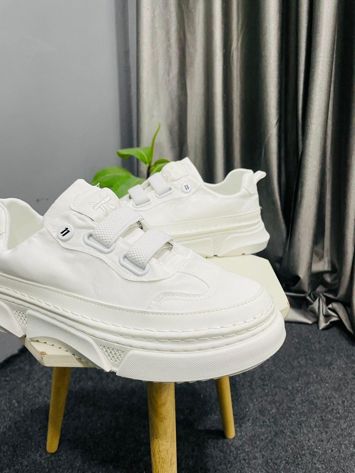 Men's All-White Chunky Sneakers - Trendy Velcro Strap Casual Shoes