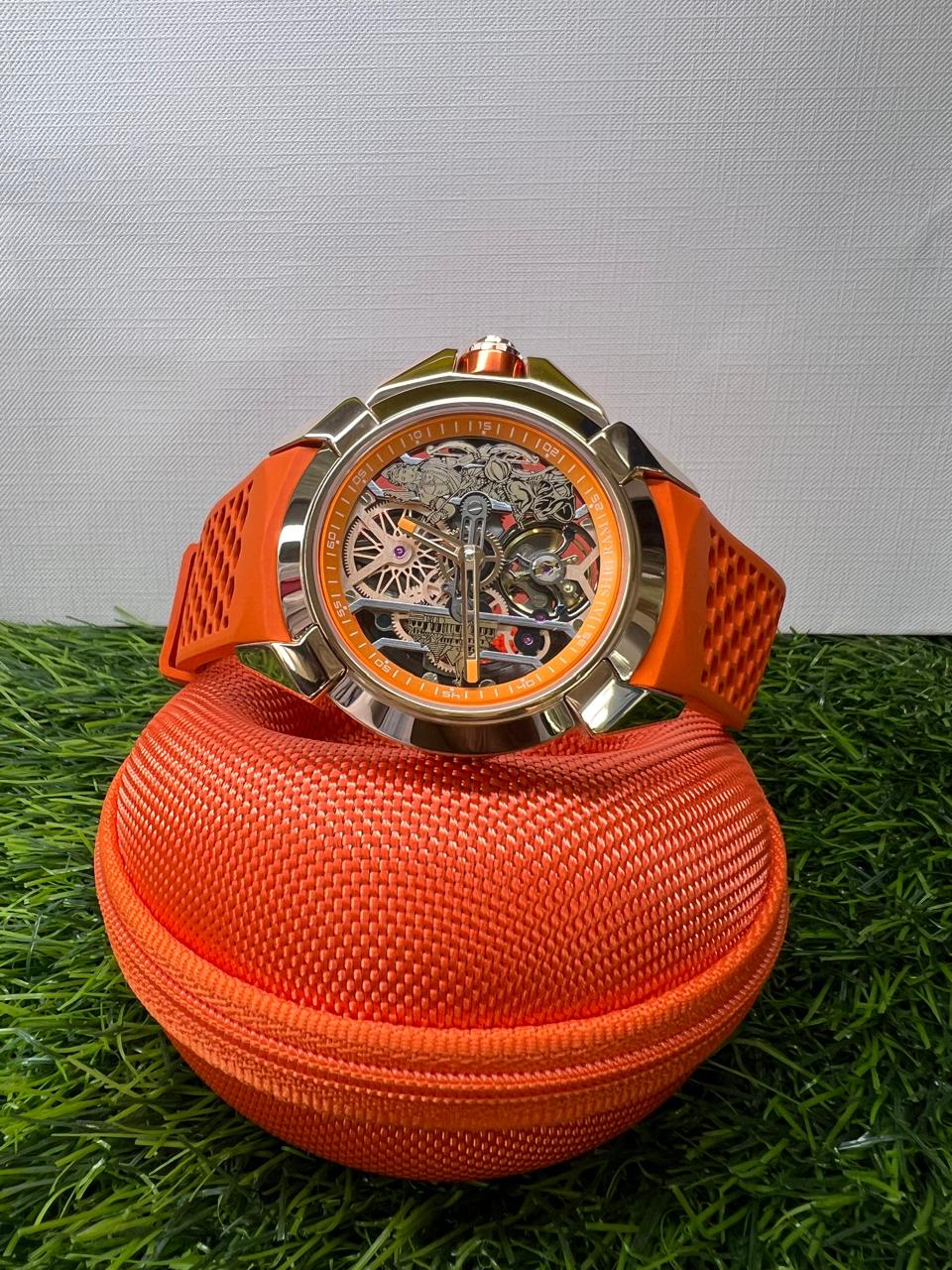 Shri Ram Limited Edition Mechanical Skeleton Watch with Orange Silicone Strap