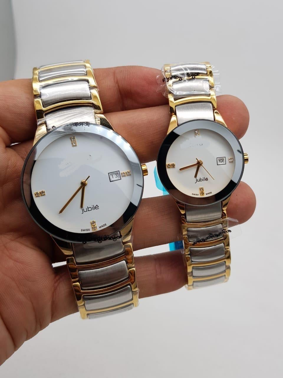 Premium Jubile Style Couple Watches | Two-Tone Gold & Silver | Black Dial Minimalist Set