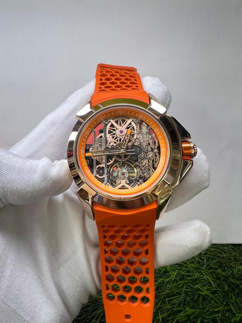 Shri Ram Limited Edition Mechanical Skeleton Watch with Orange Silicone Strap