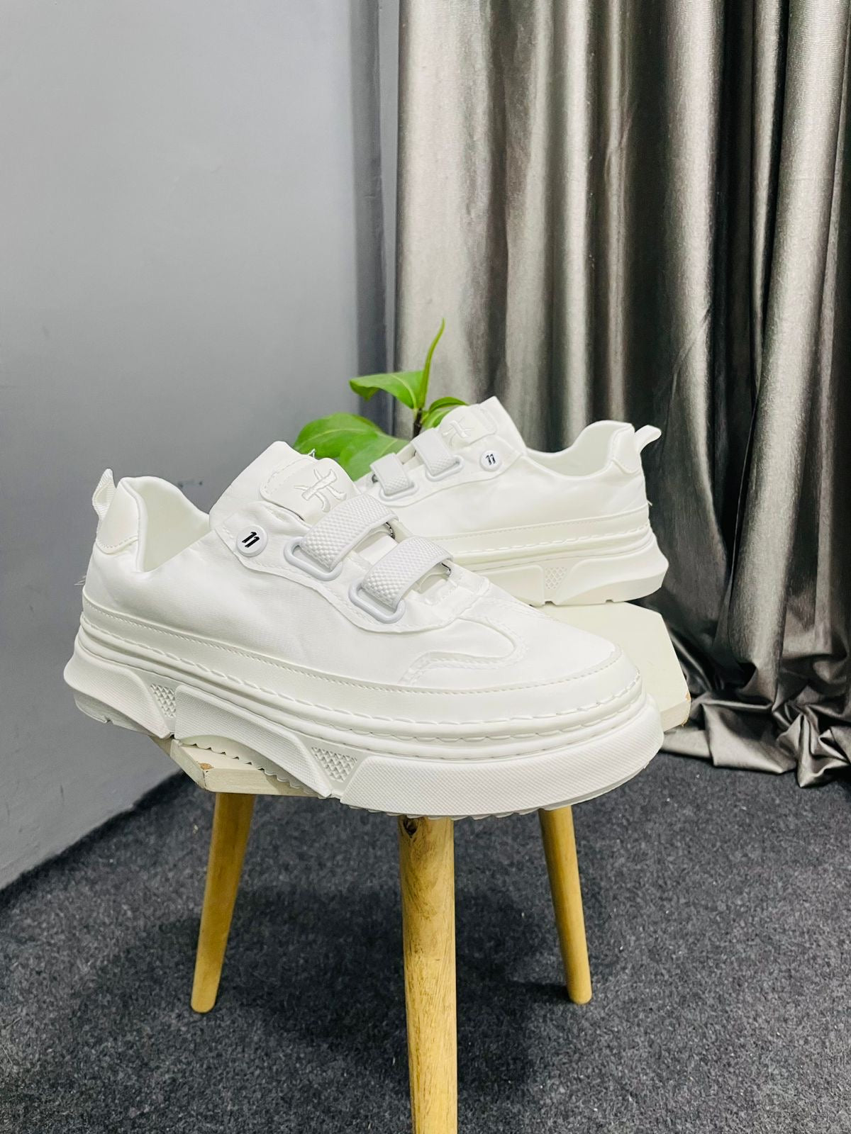 Men's All-White Chunky Sneakers - Trendy Velcro Strap Casual Shoes