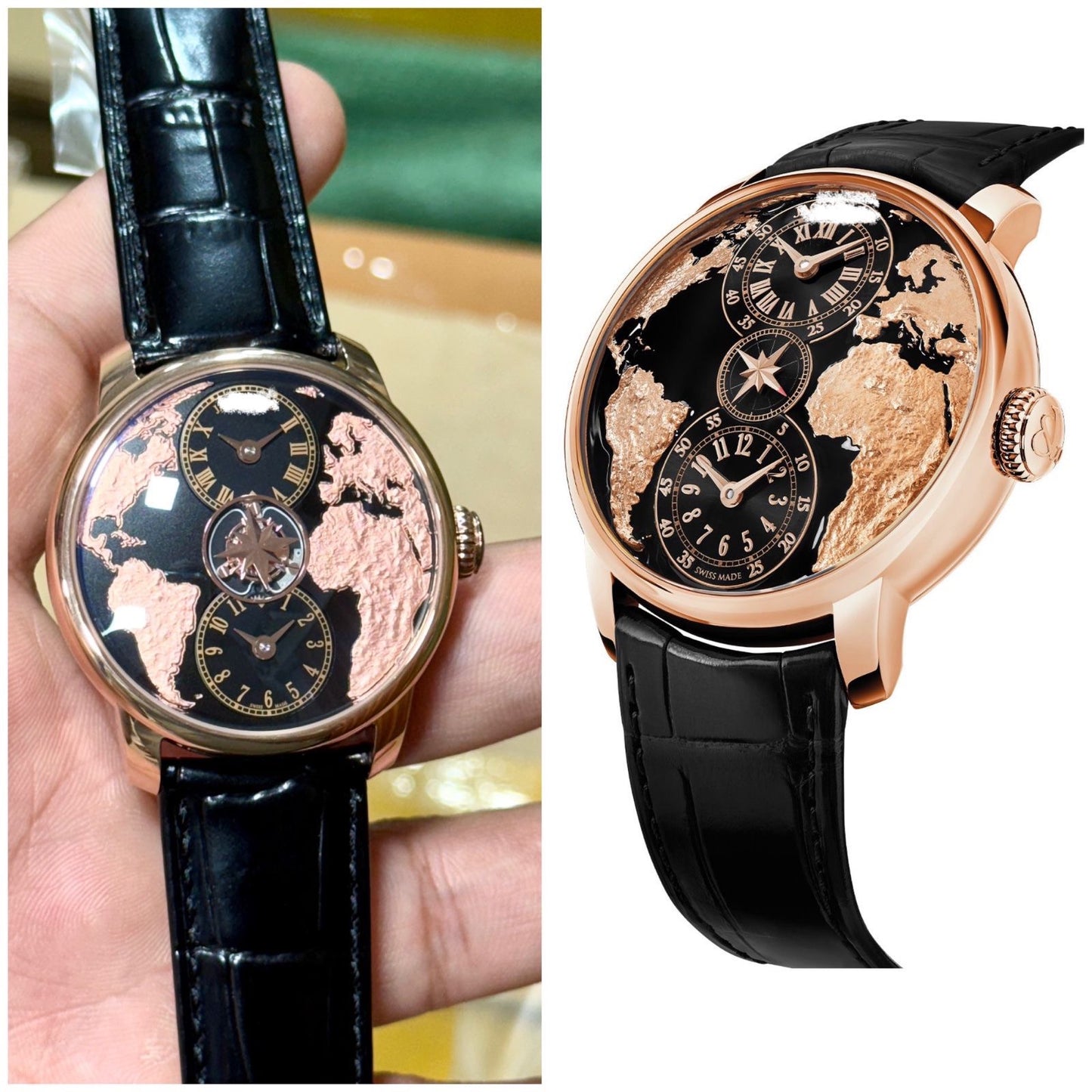 Luxury World Time Map Watch with Blue Alligator Strap