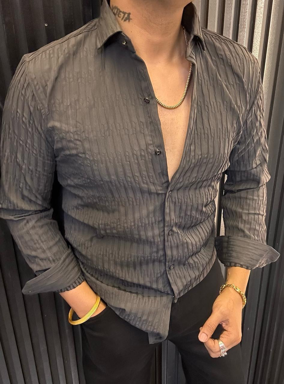 Men's Maroon Textured Long Sleeve Shirt - Slim Fit Casual & Party Wear