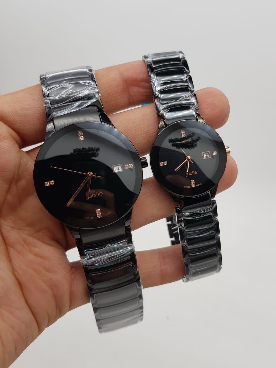 Premium Jubile Style Couple Watches | Two-Tone Gold & Silver | Black Dial Minimalist Set