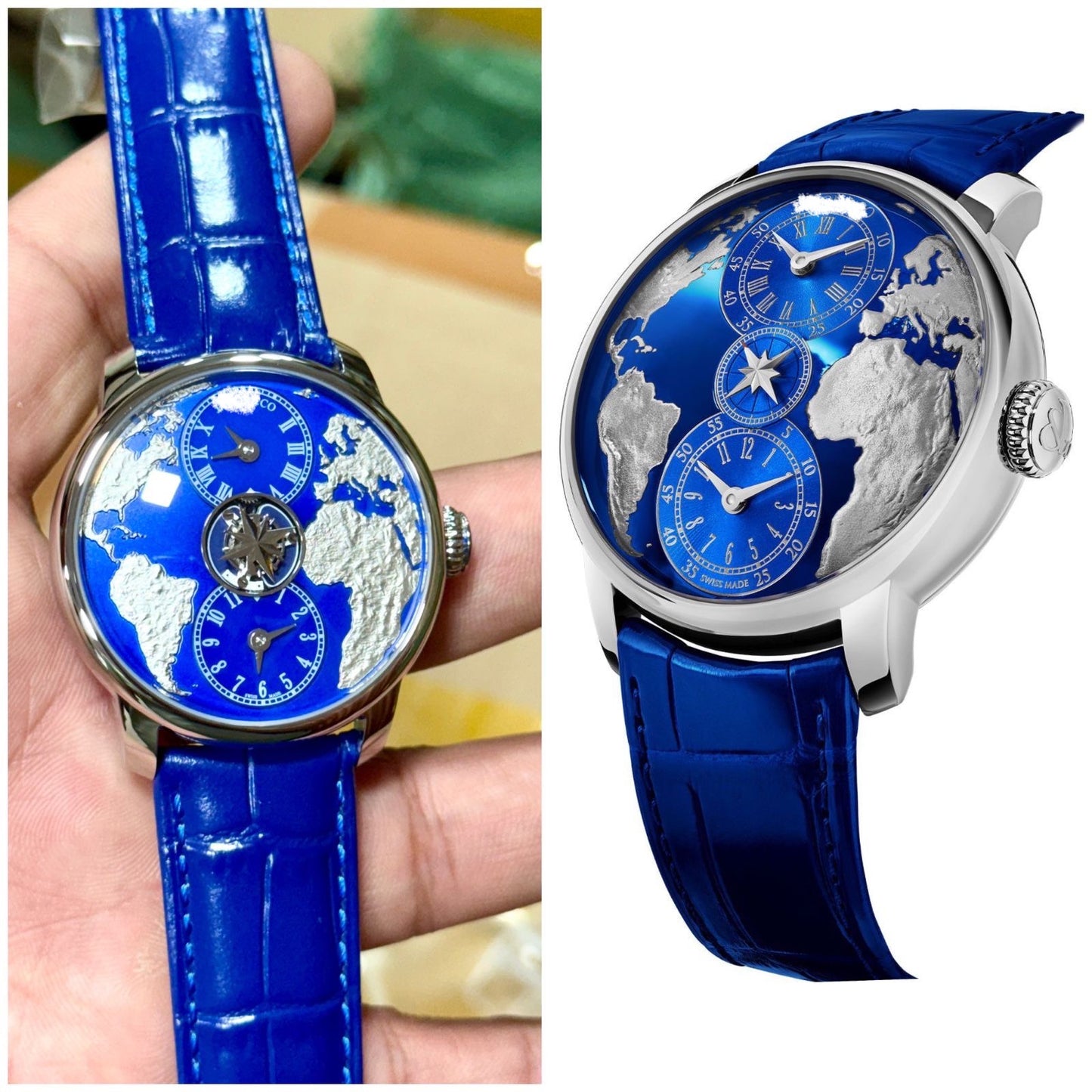 Luxury World Time Map Watch with Blue Alligator Strap