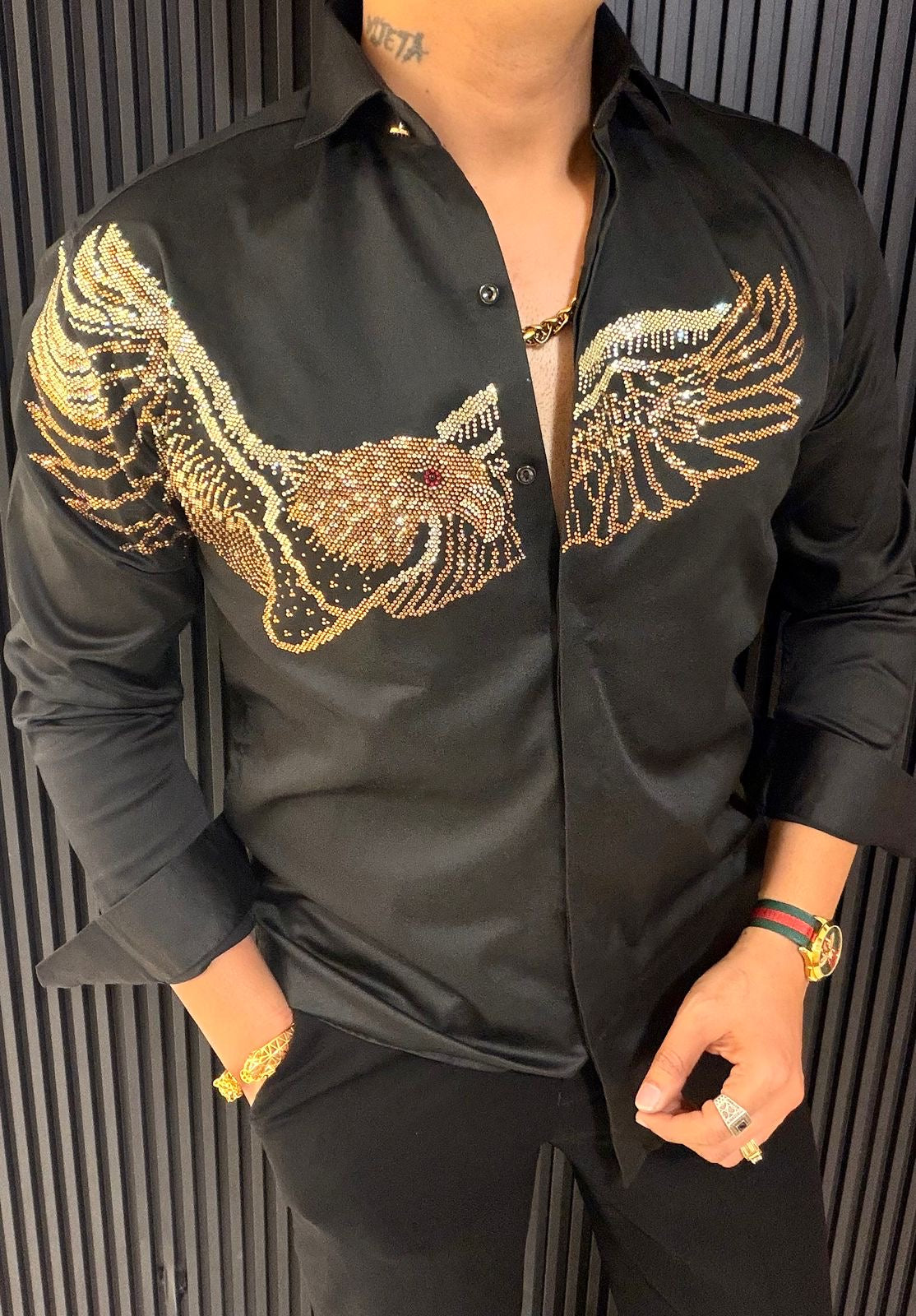 Gold Tiger Rhinestone Shirt for Men – Luxury Slim Fit Party Wear