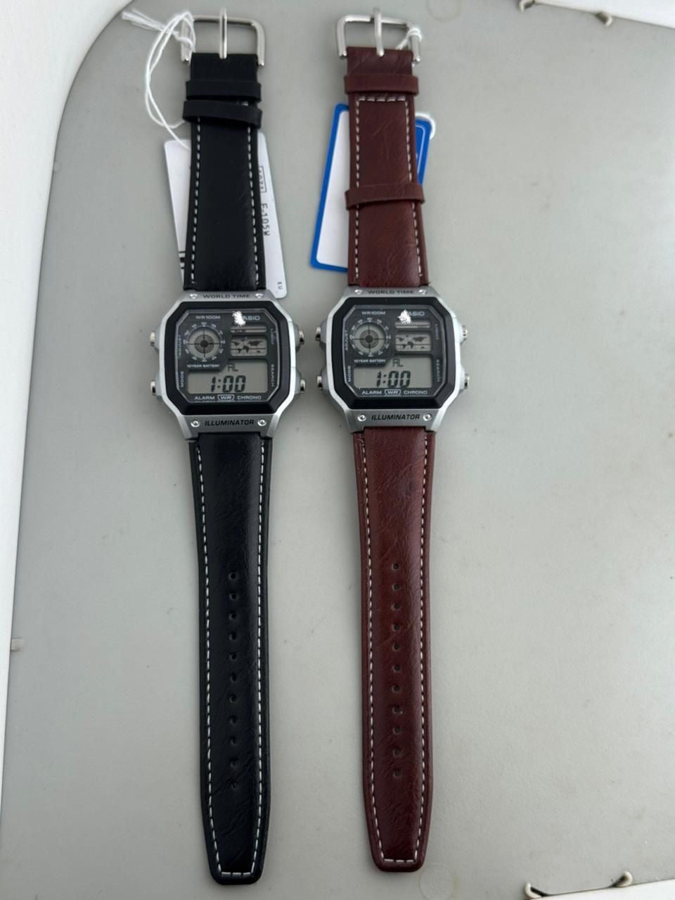 Retro World Time Digital Watch - Illuminator with Leather Strap