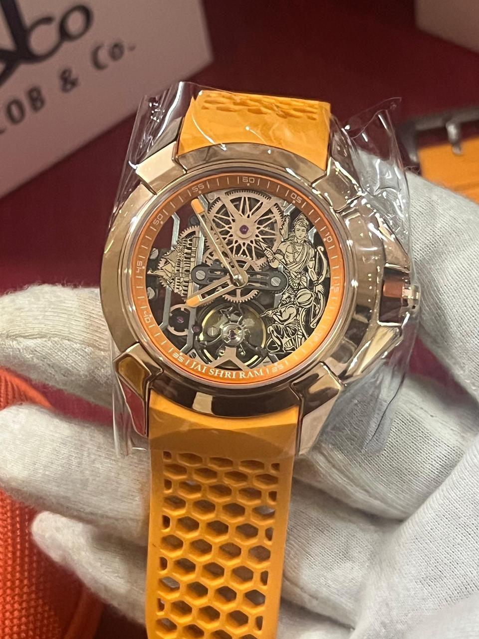 Shri Ram Limited Edition Mechanical Skeleton Watch with Orange Silicone Strap