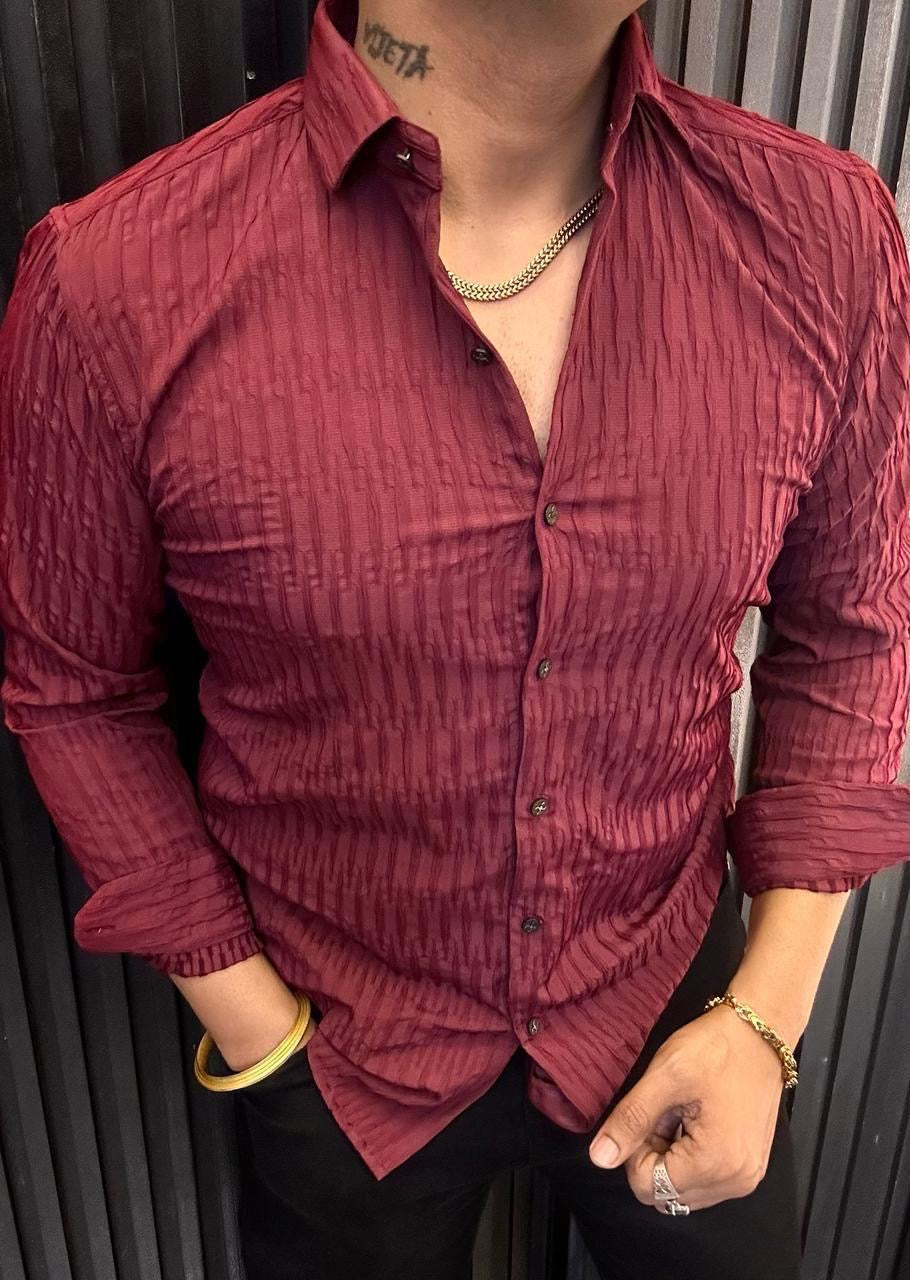 Men's Maroon Textured Long Sleeve Shirt - Slim Fit Casual & Party Wear