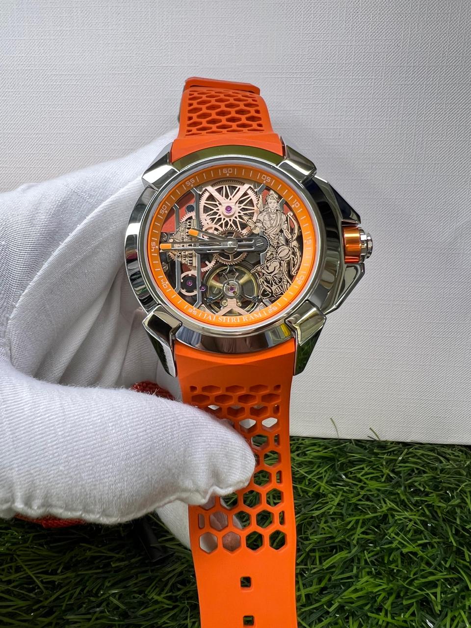 Shri Ram Limited Edition Mechanical Skeleton Watch with Orange Silicone Strap
