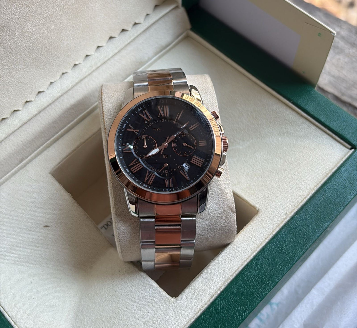 Elegant Rose Gold & Silver Watch | White Dial Chronograph | Classic Roman Design