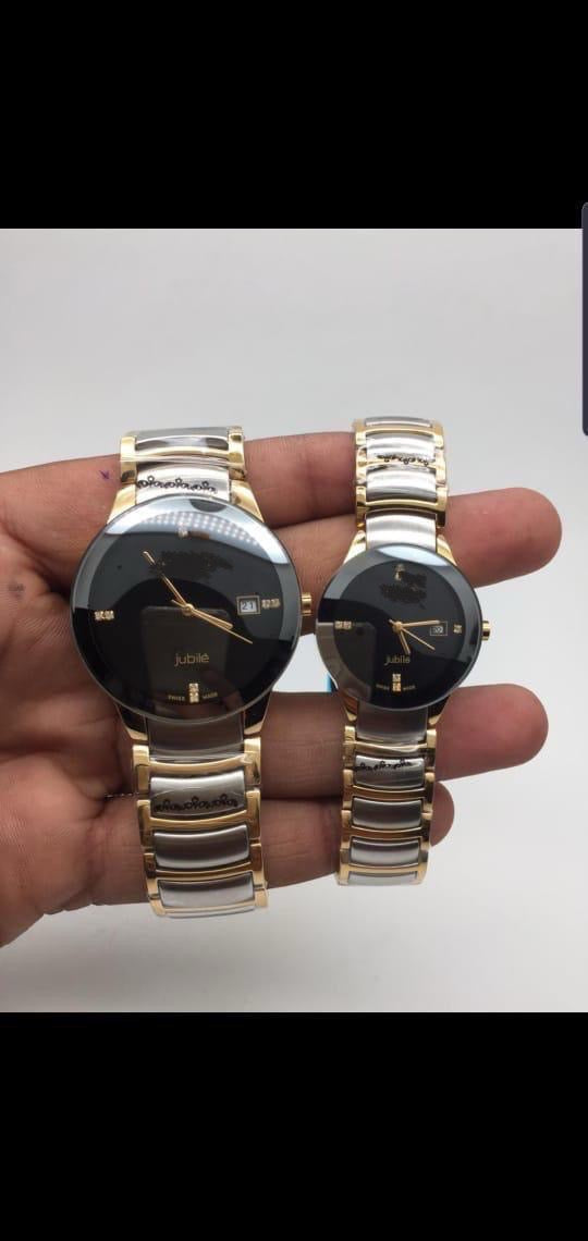 Premium Jubile Style Couple Watches | Two-Tone Gold & Silver | Black Dial Minimalist Set