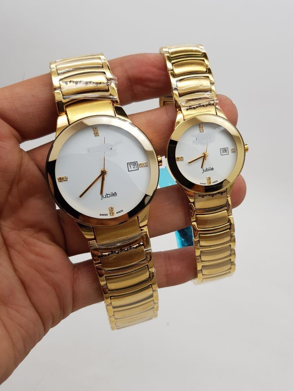 Premium Jubile Style Couple Watches | Two-Tone Gold & Silver | Black Dial Minimalist Set