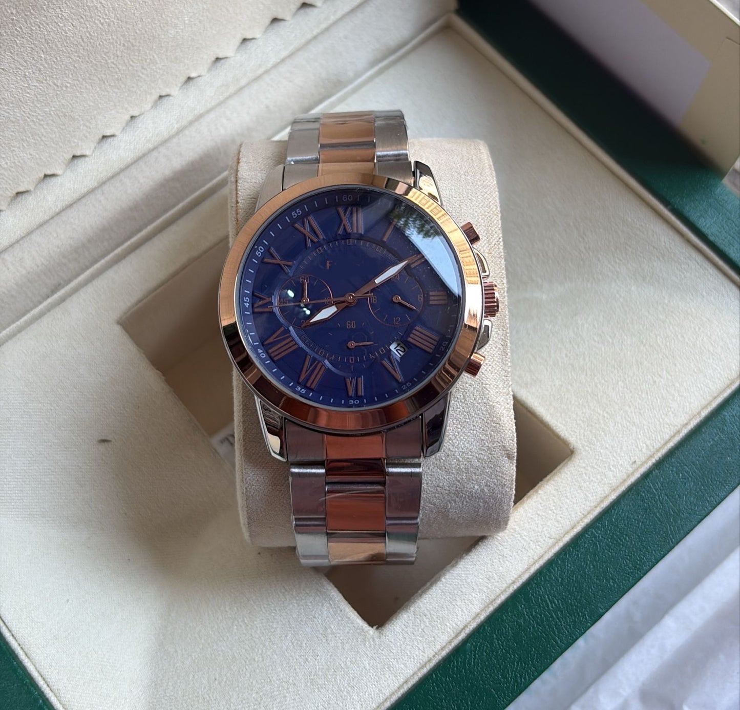 Elegant Rose Gold & Silver Watch | White Dial Chronograph | Classic Roman Design