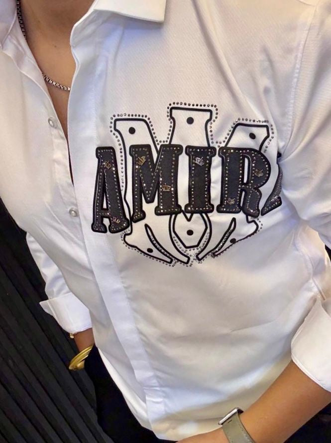 Men's White Long Sleeve Button-Up Shirt with Embroidered AMIRI-style Logo