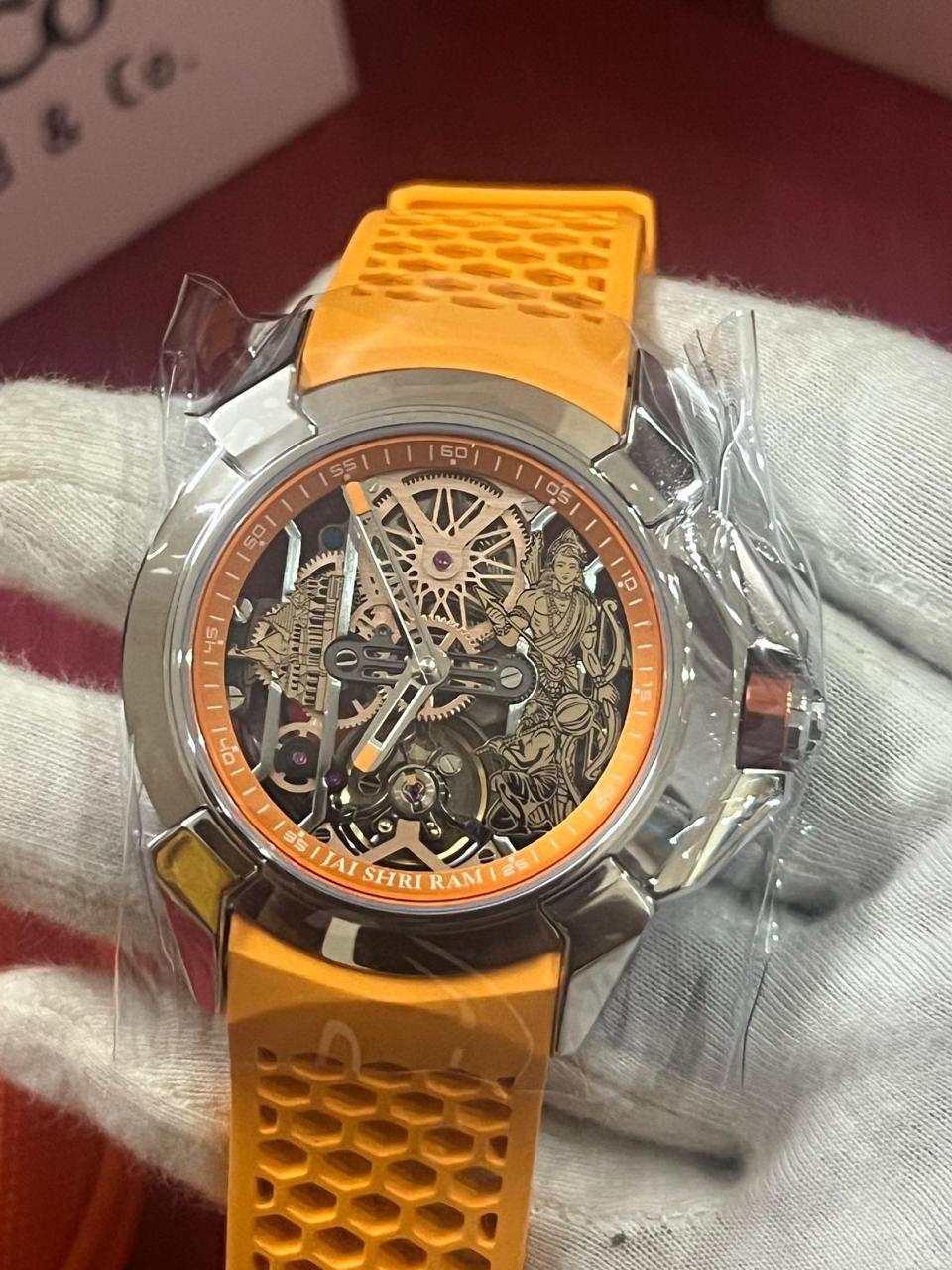 Shri Ram Limited Edition Mechanical Skeleton Watch with Orange Silicone Strap