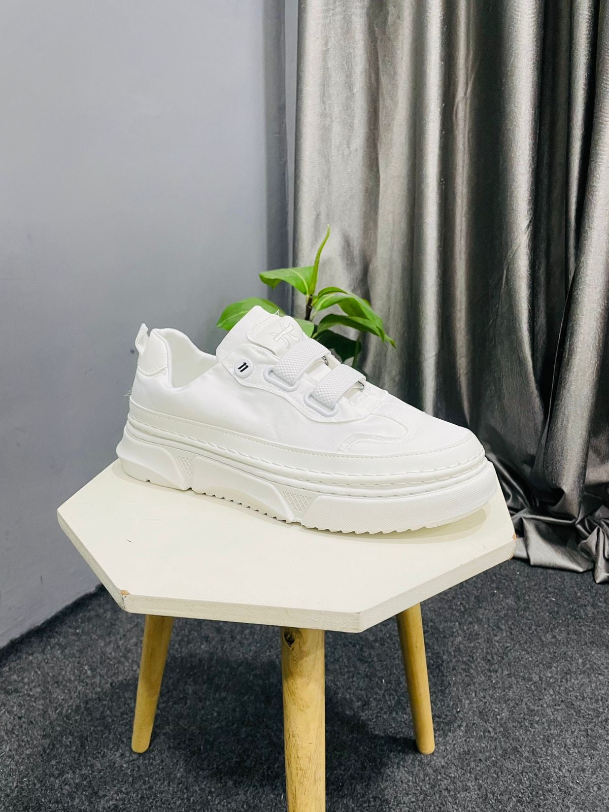 Men's All-White Chunky Sneakers - Trendy Velcro Strap Casual Shoes
