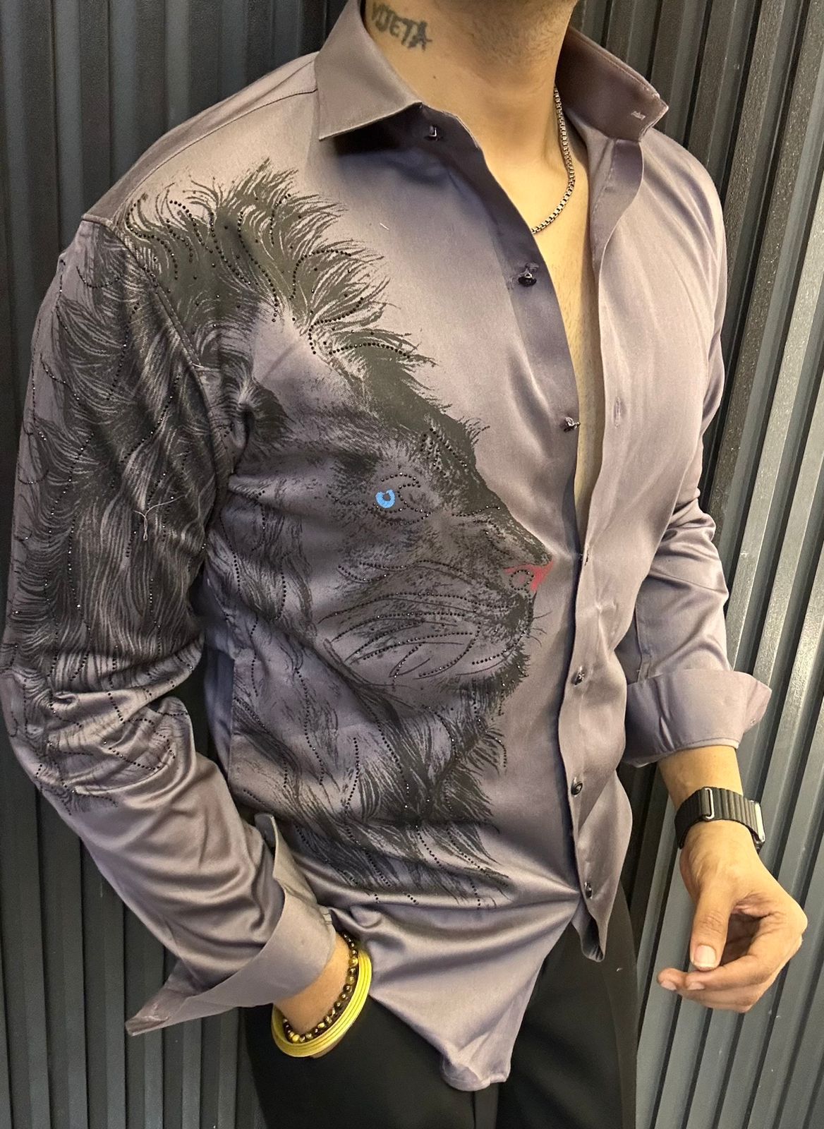 Men's White Lion Print Rhinestone Shirt