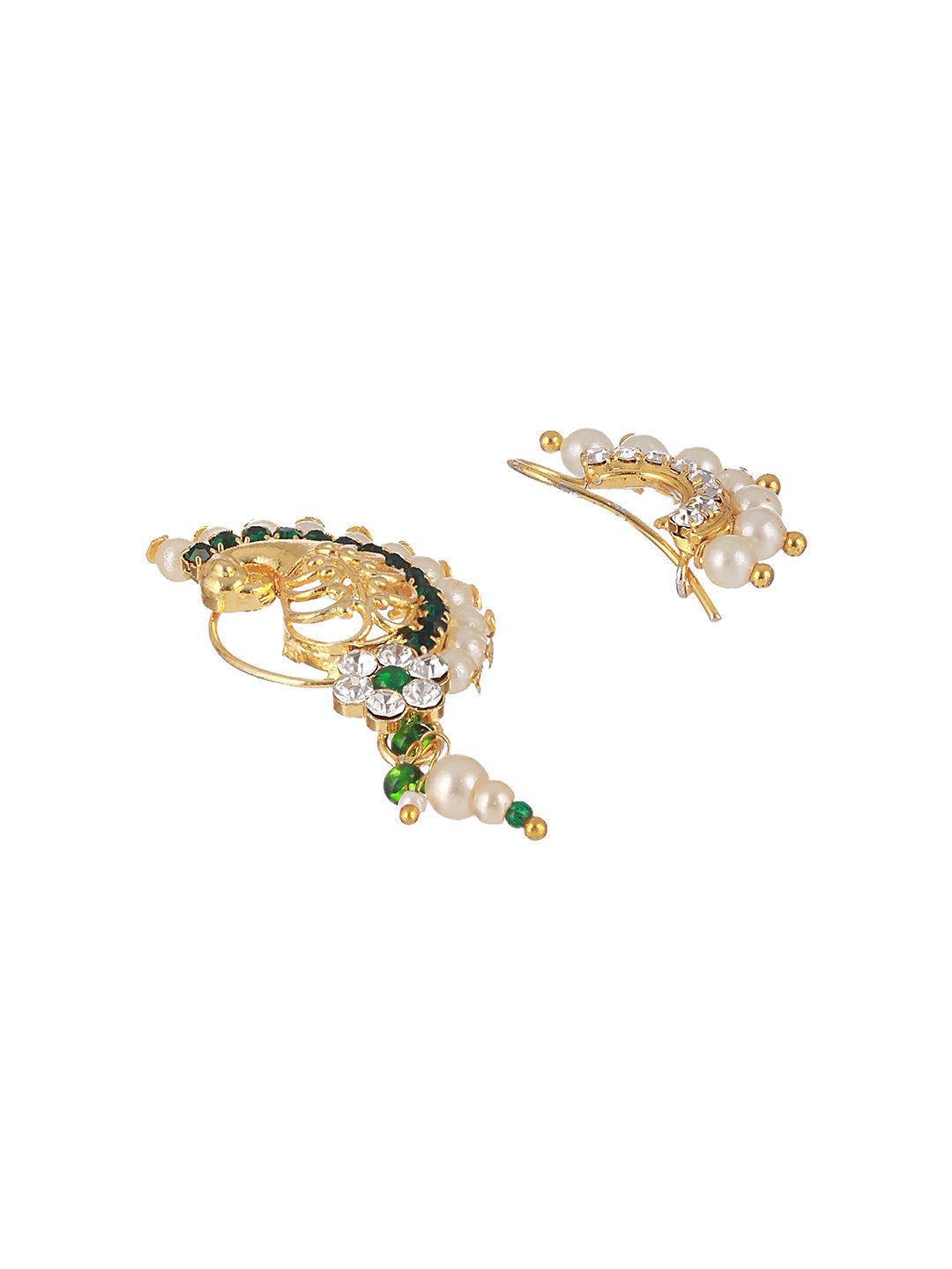 Set Of 2 Gold-Plated AD Stone-Studded & Pearl Beaded Nosepin
