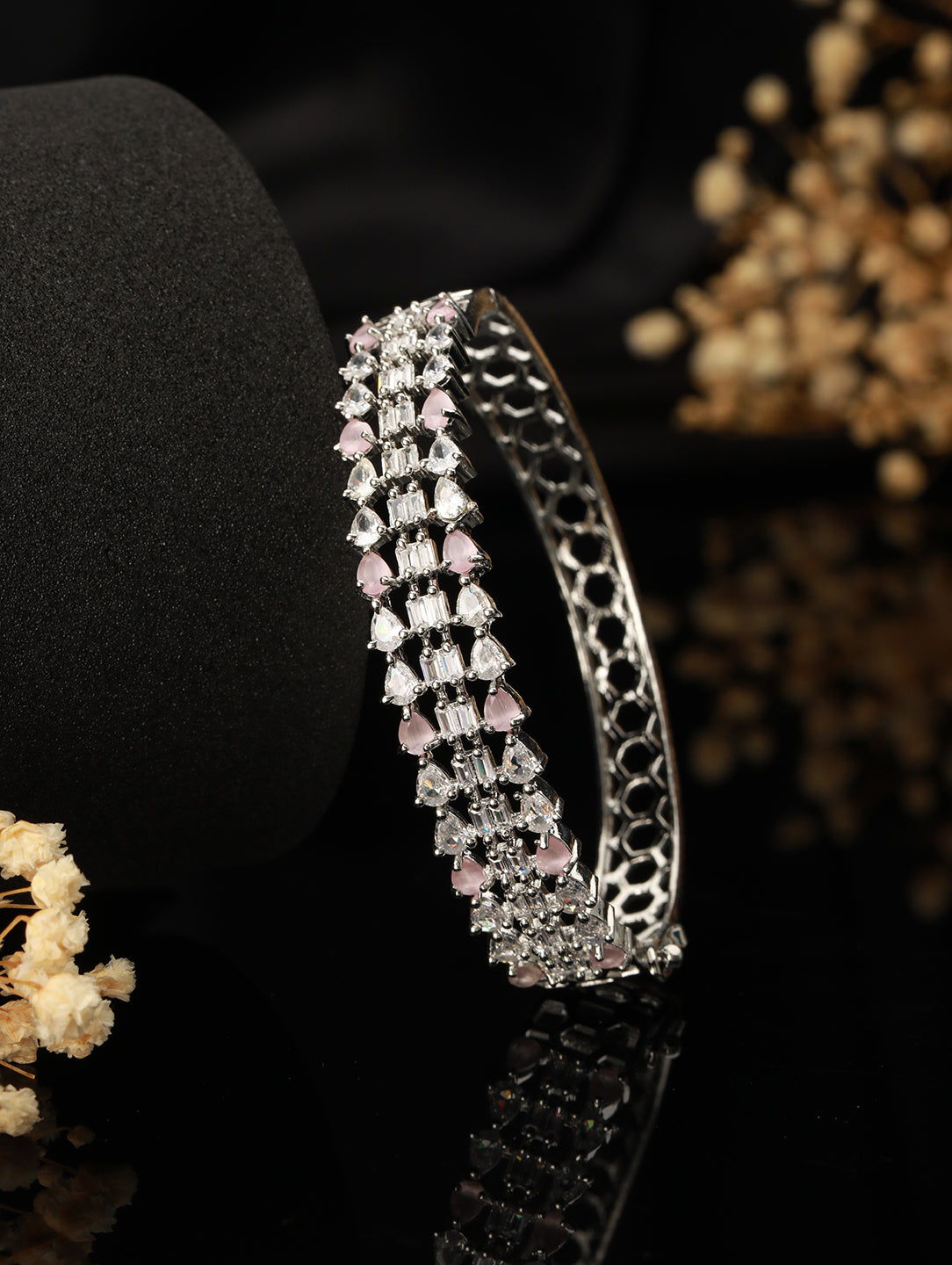 White & Pink American Diamond Studded Rhodium-Plated Link Bracelet