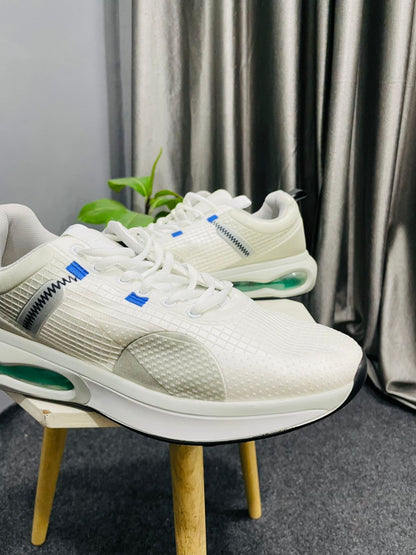 Men's White Cushioned Running Shoes - Green Air Sole Lightweight Trainers