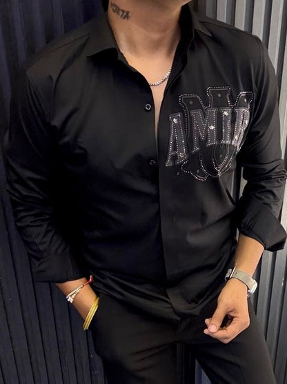 Men's White Long Sleeve Button-Up Shirt with Embroidered AMIRI-style Logo