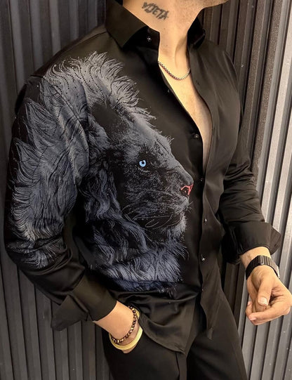 Bold Lion Head Design Shirt for Men | Unique Graphic Print Long Sleeve Button-Up