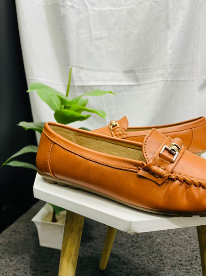 Tan Round-Toe Loafers with Metal Accent
