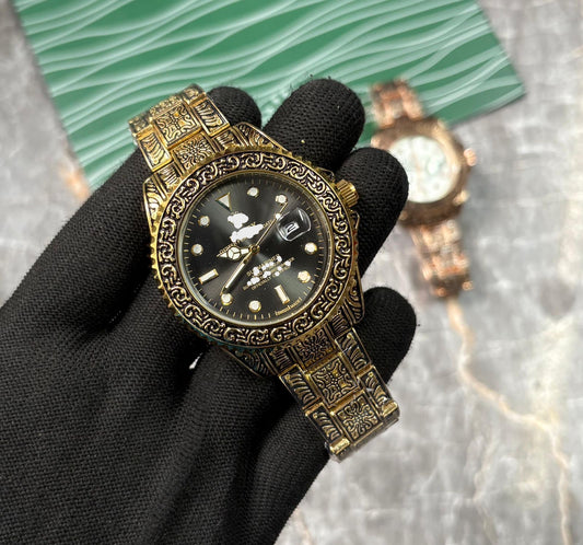 Ornate Engraving Automatic Men's Watch - Detailed Metal Bracelet Custom Edition
