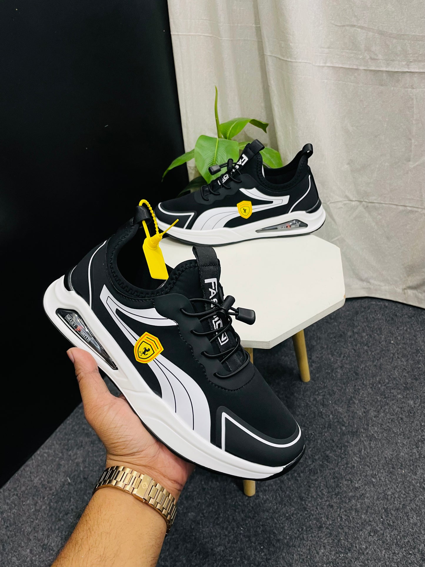 Black Sneakers with White Accents and Yellow Shield – Branded Baba