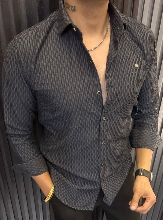 Textured Dark Long-Sleeve Shirt with Unique Pattern – Branded Baba