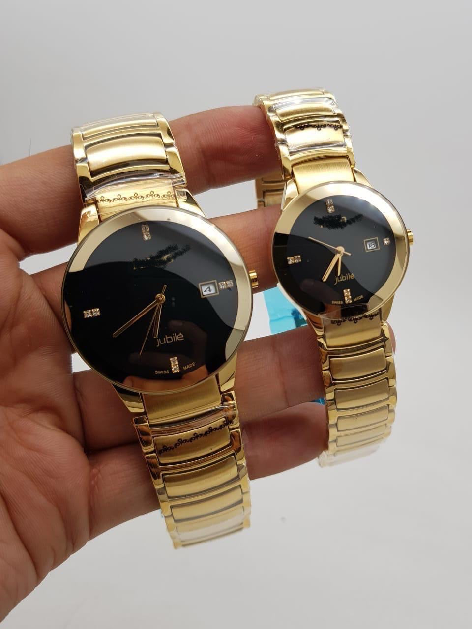 Premium Jubile Style Couple Watches | Two-Tone Gold & Silver | Black Dial Minimalist Set