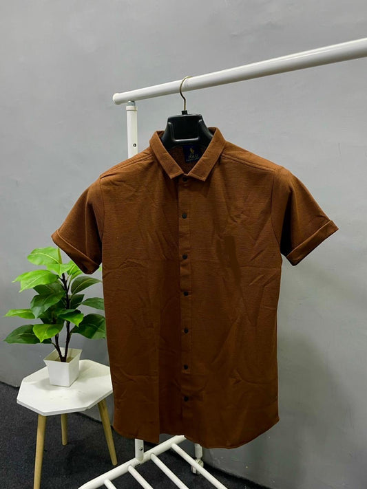 Cuban Collar Brown Shirt with Short Sleeves