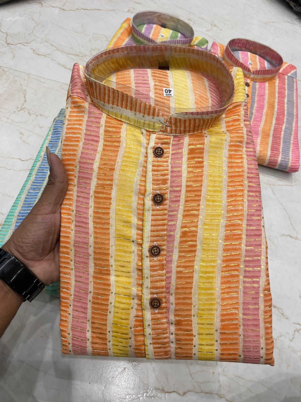 Colorful Striped Kurta with Golden Dots – Branded Baba