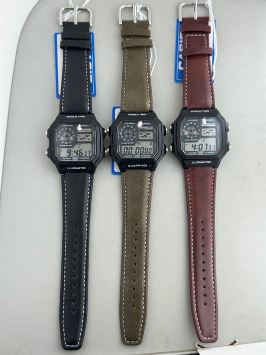 Retro World Time Digital Watch - Illuminator with Leather Strap