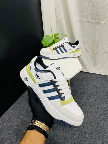 White Sneakers with Blue Stripes and Yellow Accents – Trendy and Comfortable