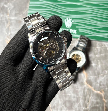 Premium Open Heart Automatic Watch for Men - Classic Silver Stainless Steel Bracelet