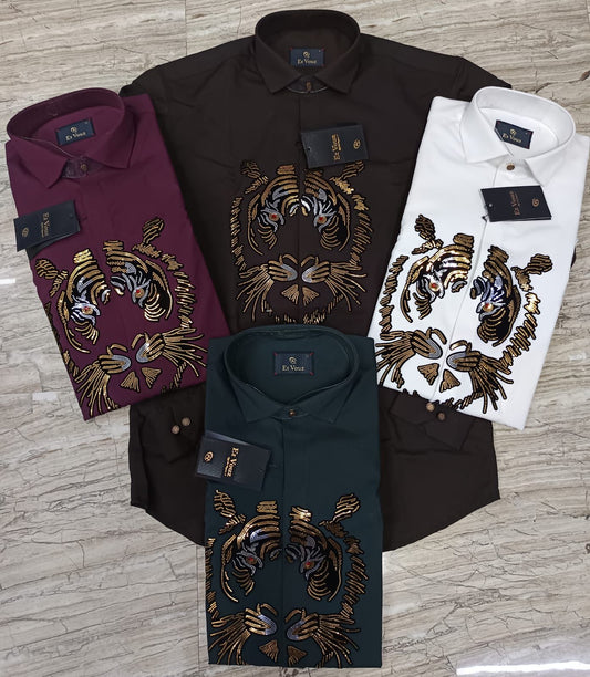 Fashionable Men's Party Wear Shirt with Gold Tiger Embroidery | Long Sleeve Designer Look