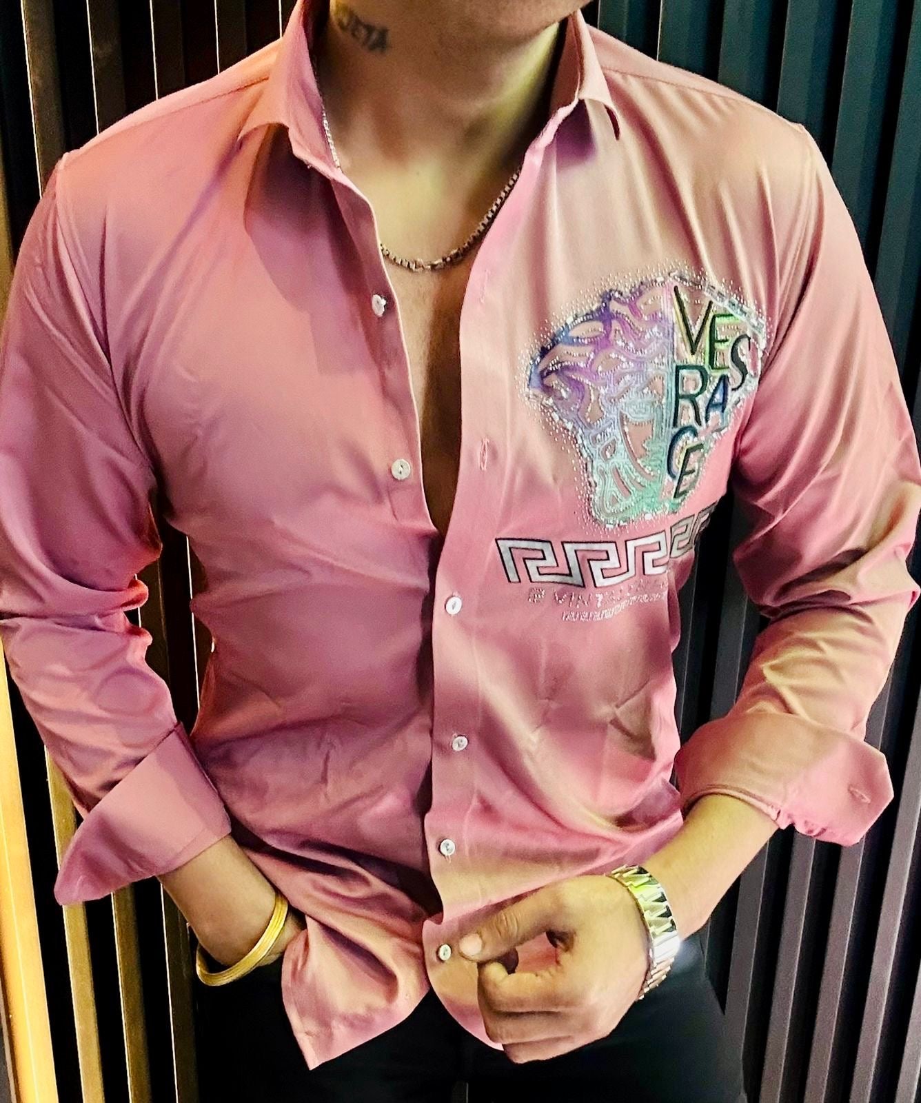 Buy men’s cotton satin premium peach colour shirt 