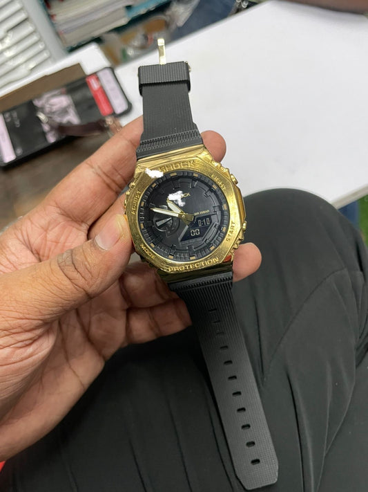 Octagonal Analog-Digital Watch with Gold Metal Bezel