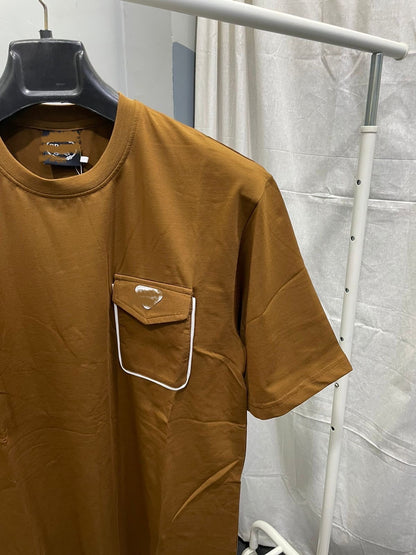 Men’s Drop Shoulder Crew-Neck Flap Pocket Brown T-Shirt